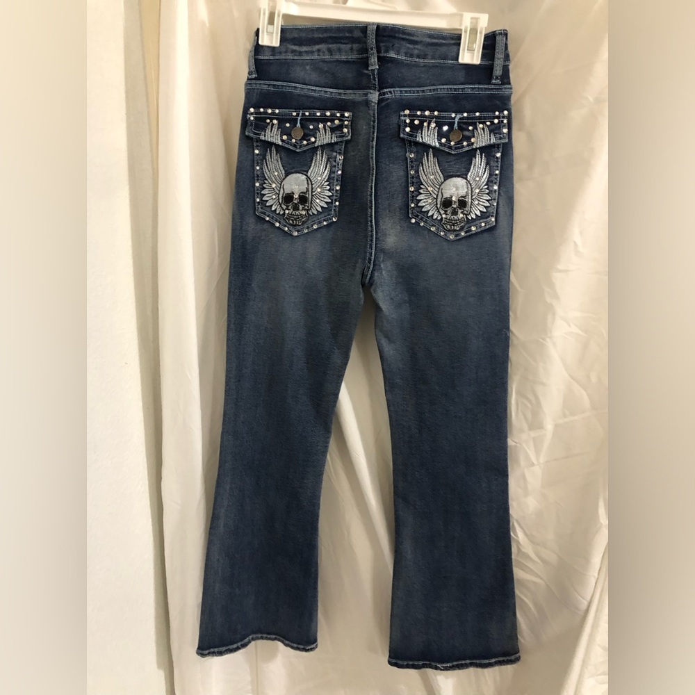 Embroidered‎ angel wings crystal studded skull flap pocket bootcut jeans size 13